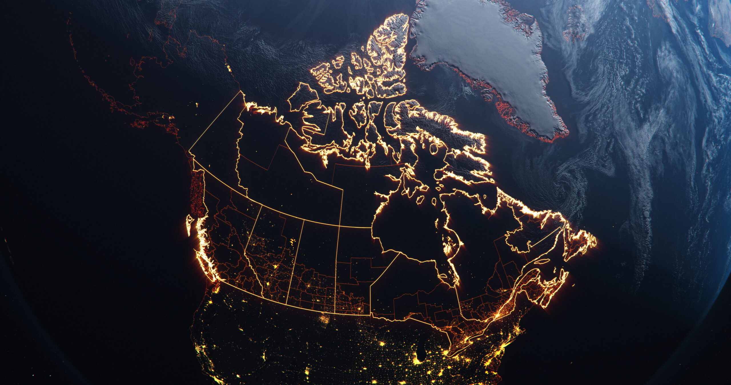 Canada map outline view from space, globe planet earth, red glow color, elements of this image courtesy of NASA Canada News in Arabic
